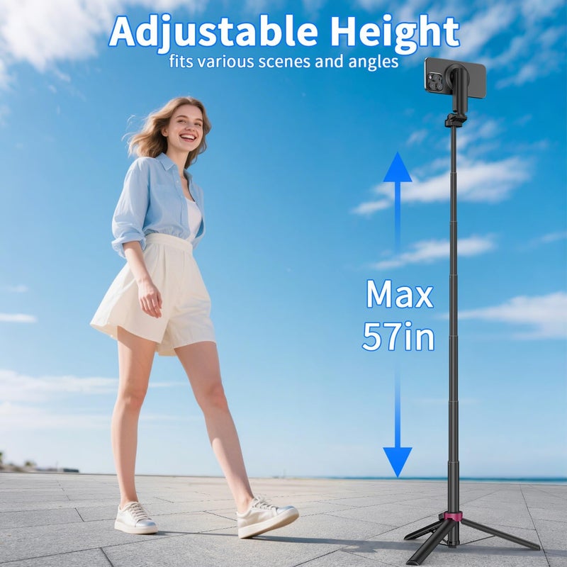 Kinwald 57" MagSafe Compatible Phone Tripod with Remote, Strong Magnetic Selfie Stick, Secure & Portable Tripod for iPhone Android, Travel Video Recording & Vlog (Black) - Image 4
